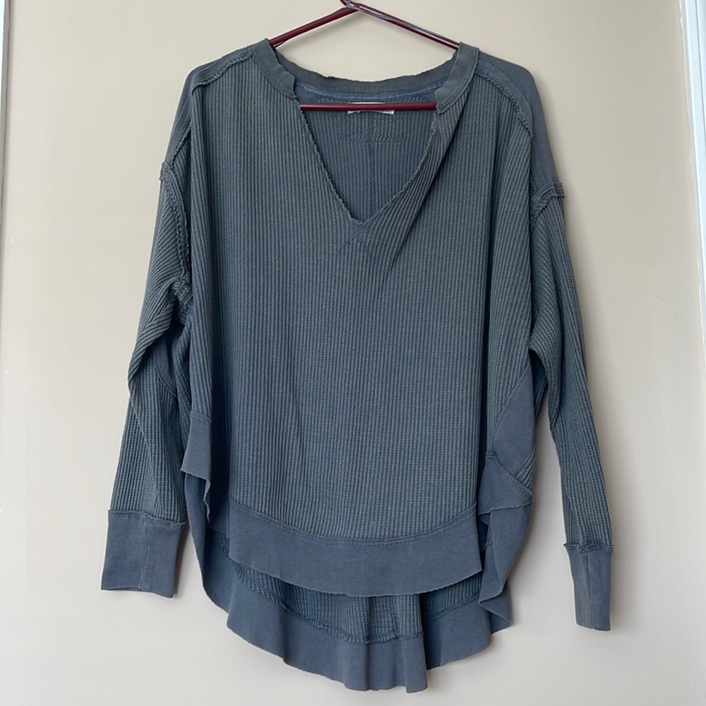 Free People Long Sleeve Waffle V-Neck Top in Slate Gray